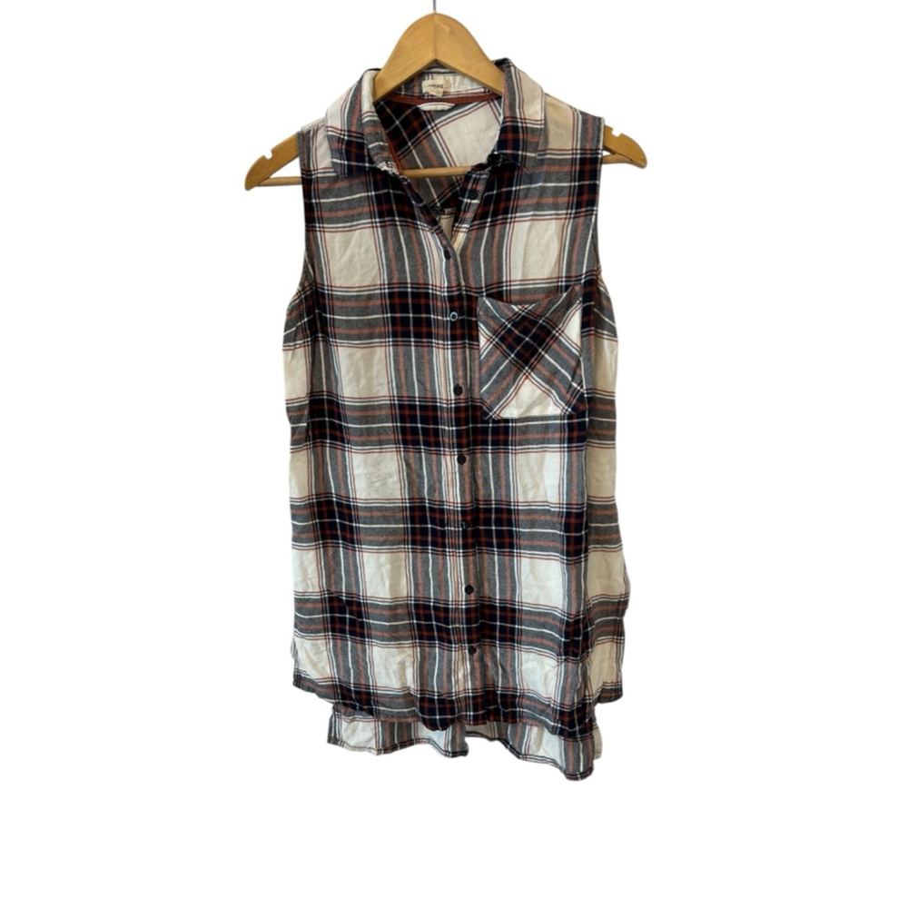 Women’s Sleeveless Plaid Button Down Shirt Top Collared Tunic Casual Layering S